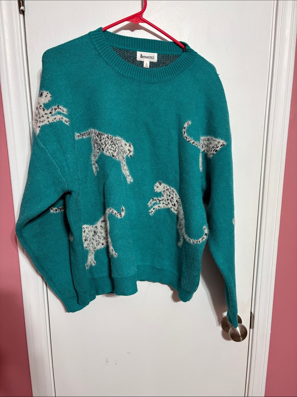 Teal Leopard Intarsia Crewneck Sweater